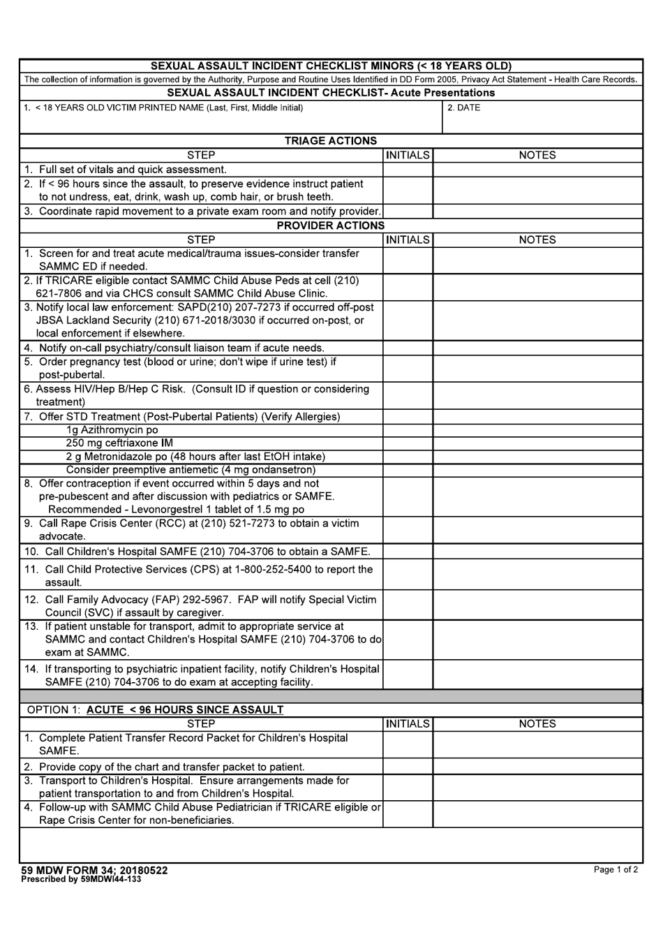 59 MDW Form 34 Sexual Assault Incident Checklist Minors ( 18 Years Old), Page 1