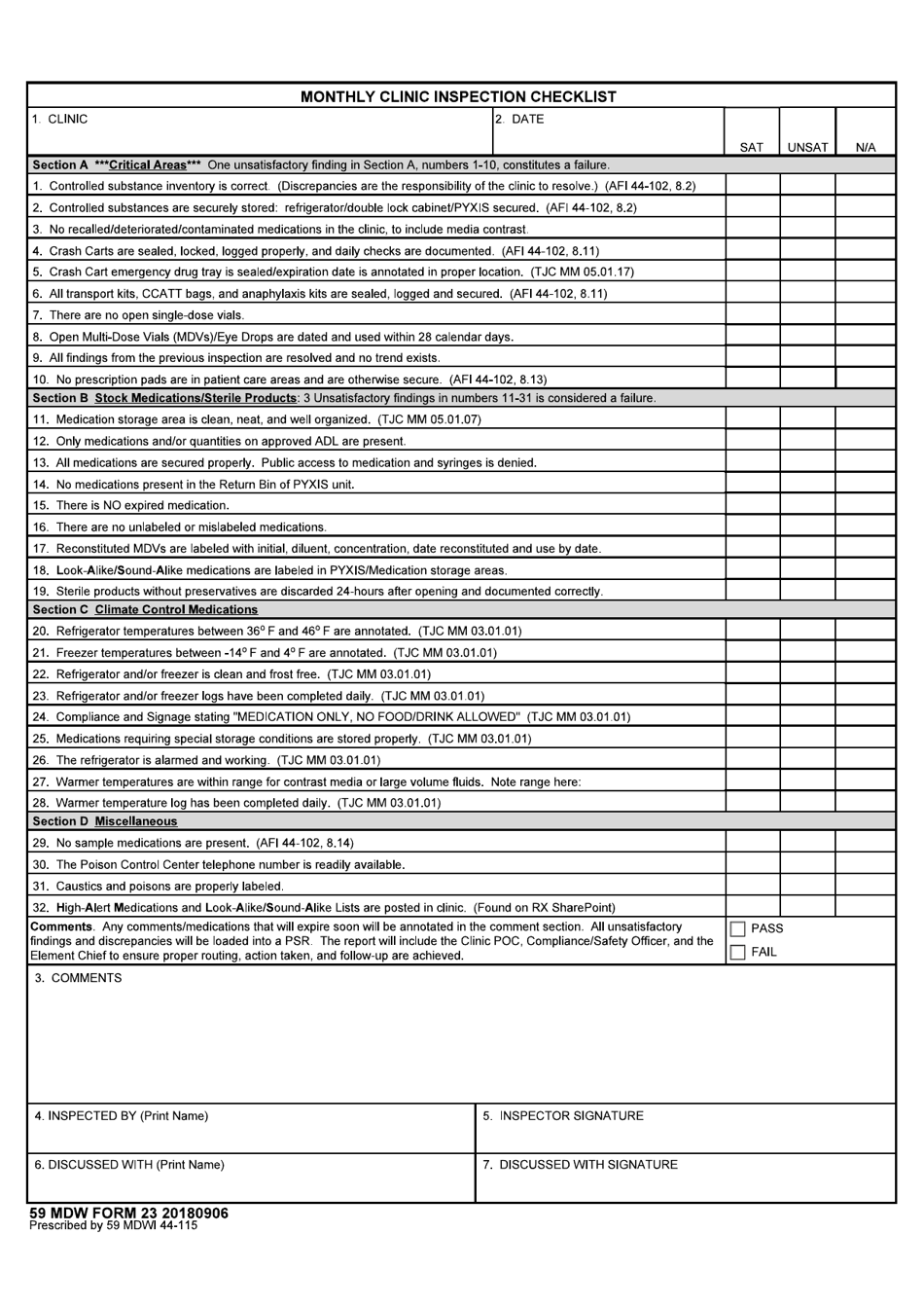 59 MDW Form 23 Monthly Clinic Inspection Checklist, Page 1