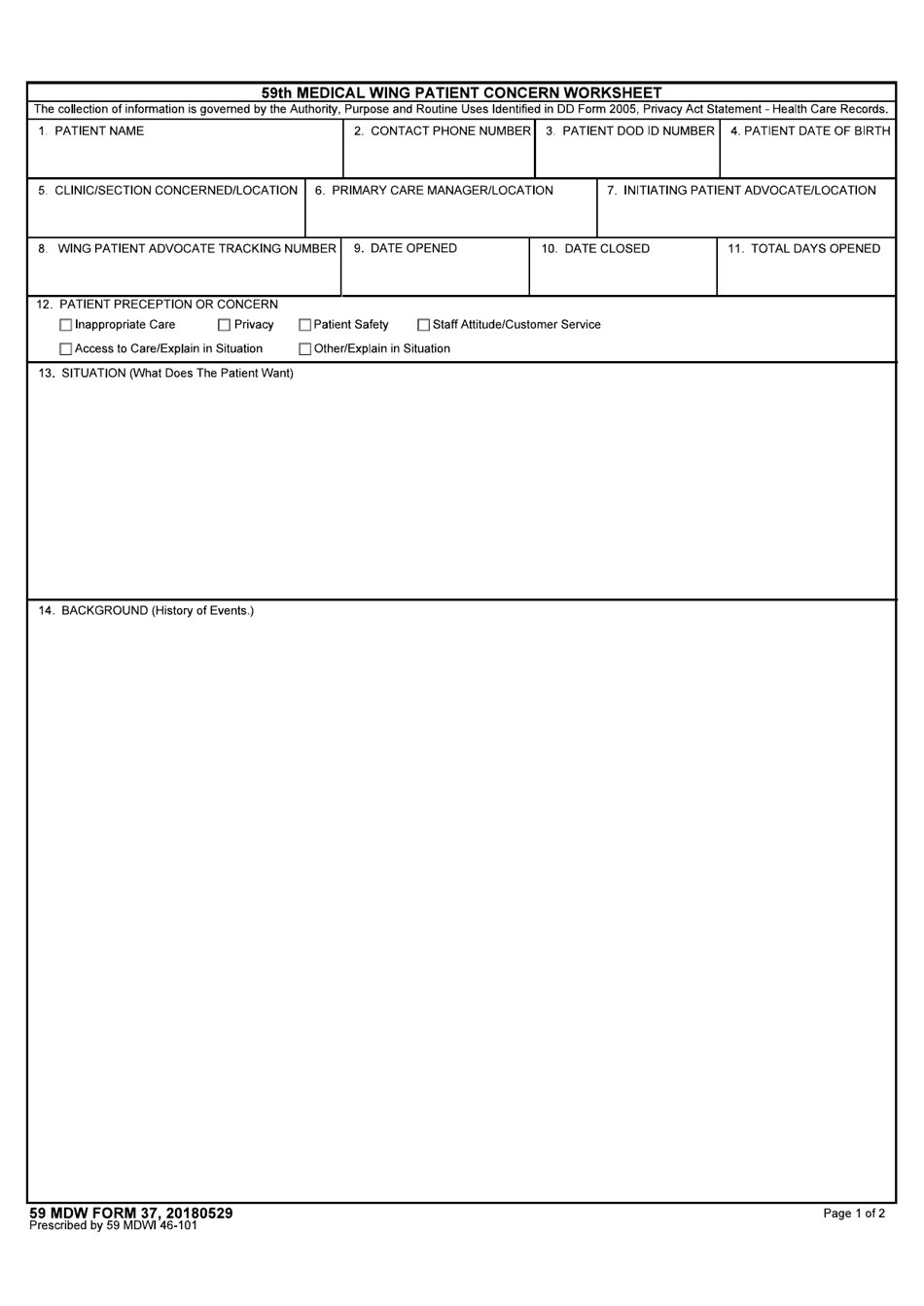 59 MDW Form 37 59th Medical Wing Patient Concern Worksheet, Page 1