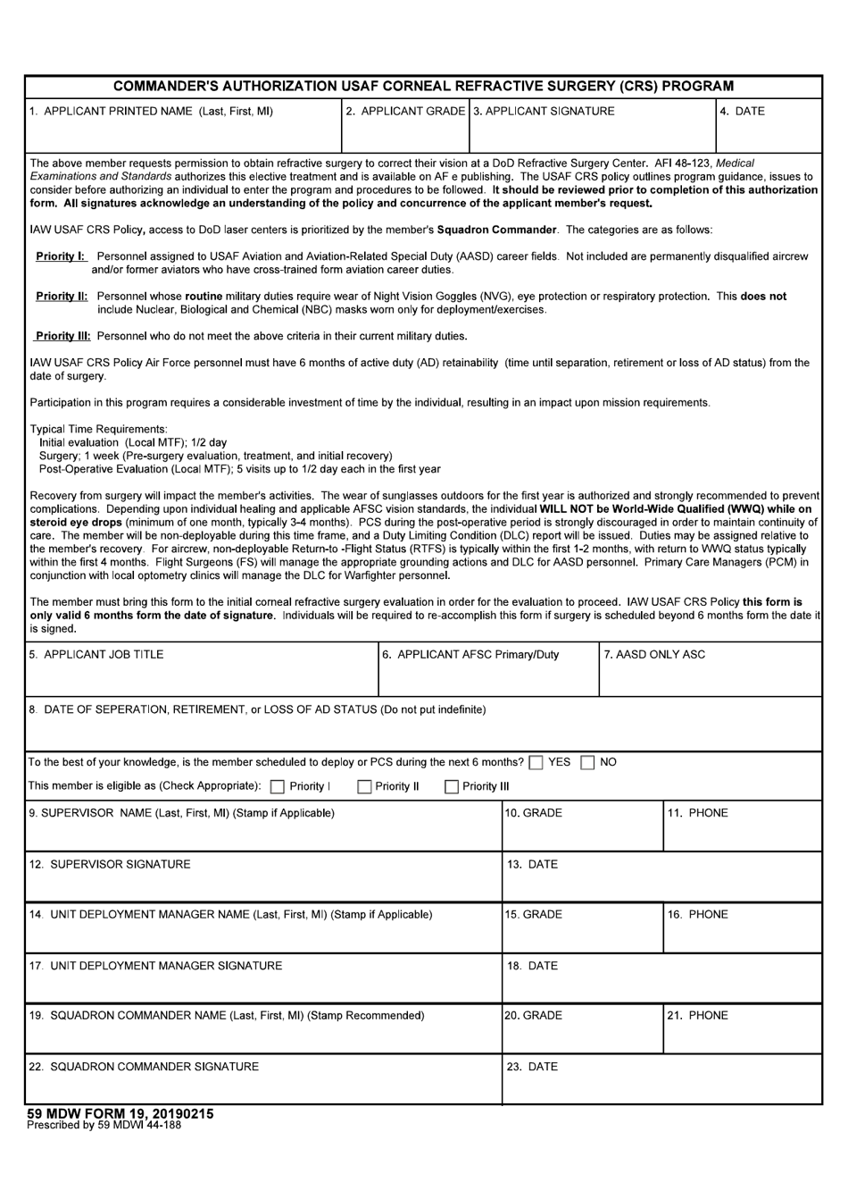 59 MDW Form 19 Commanders Authroization USAF Corneal Refractive (Crs) Program, Page 1