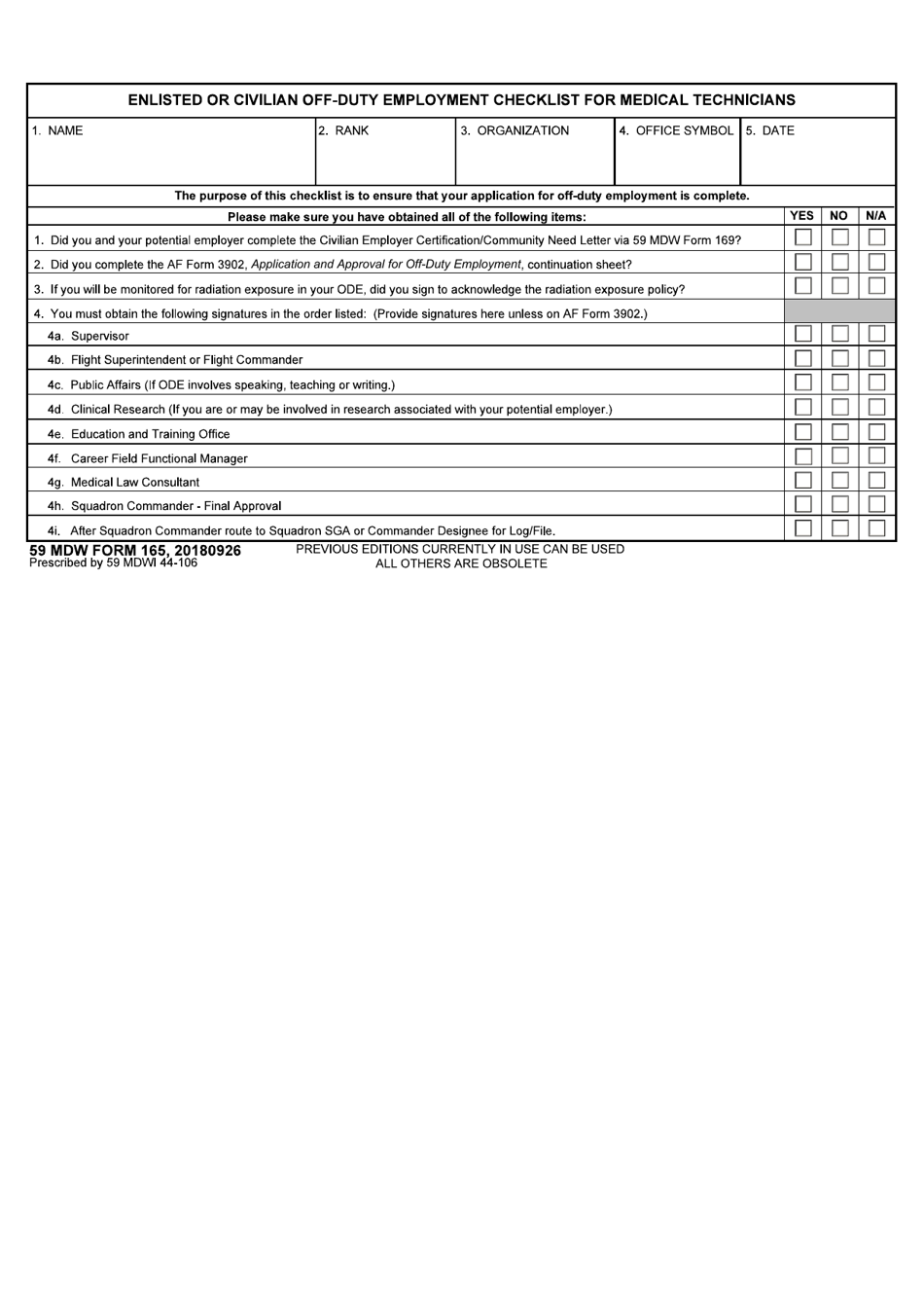 59 MDW Form 165 Enlisted or Civilian off-Duty Employment Checklist for Medical Technicians, Page 1