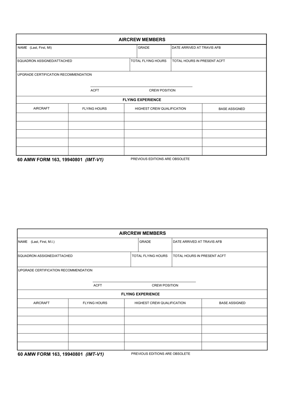 60 AMW Form 163 Aircrew Memebers Resume, Page 1