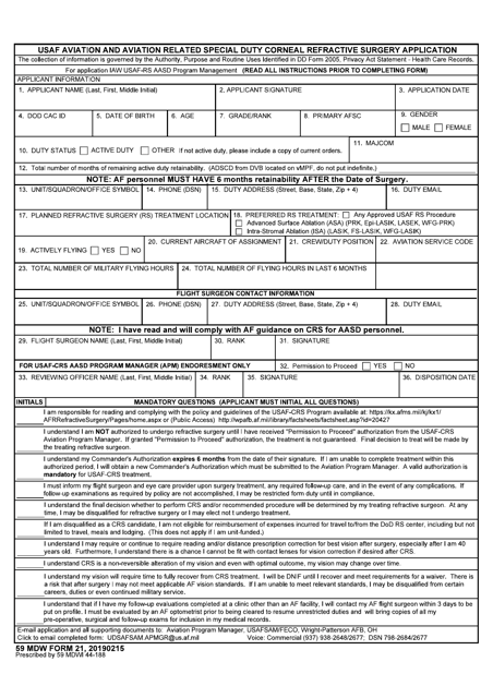 59 MDW Form 21 USAF Aviation & Aviation Related Special Duty Corneal Refractive Surgery Application