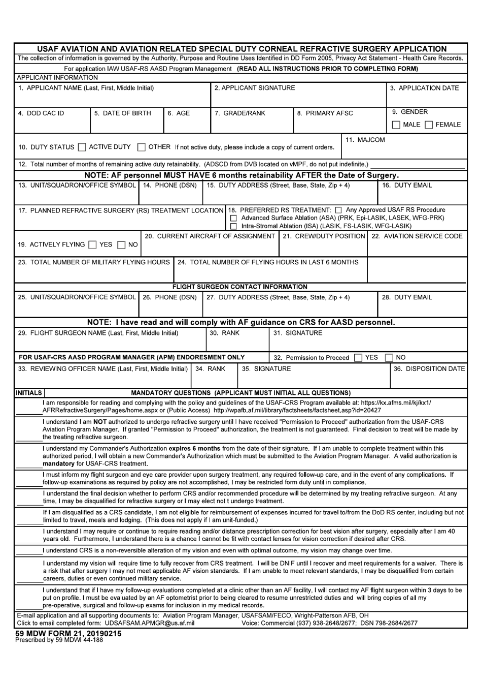 59 MDW Form 21 USAF Aviation  Aviation Related Special Duty Corneal Refractive Surgery Application, Page 1