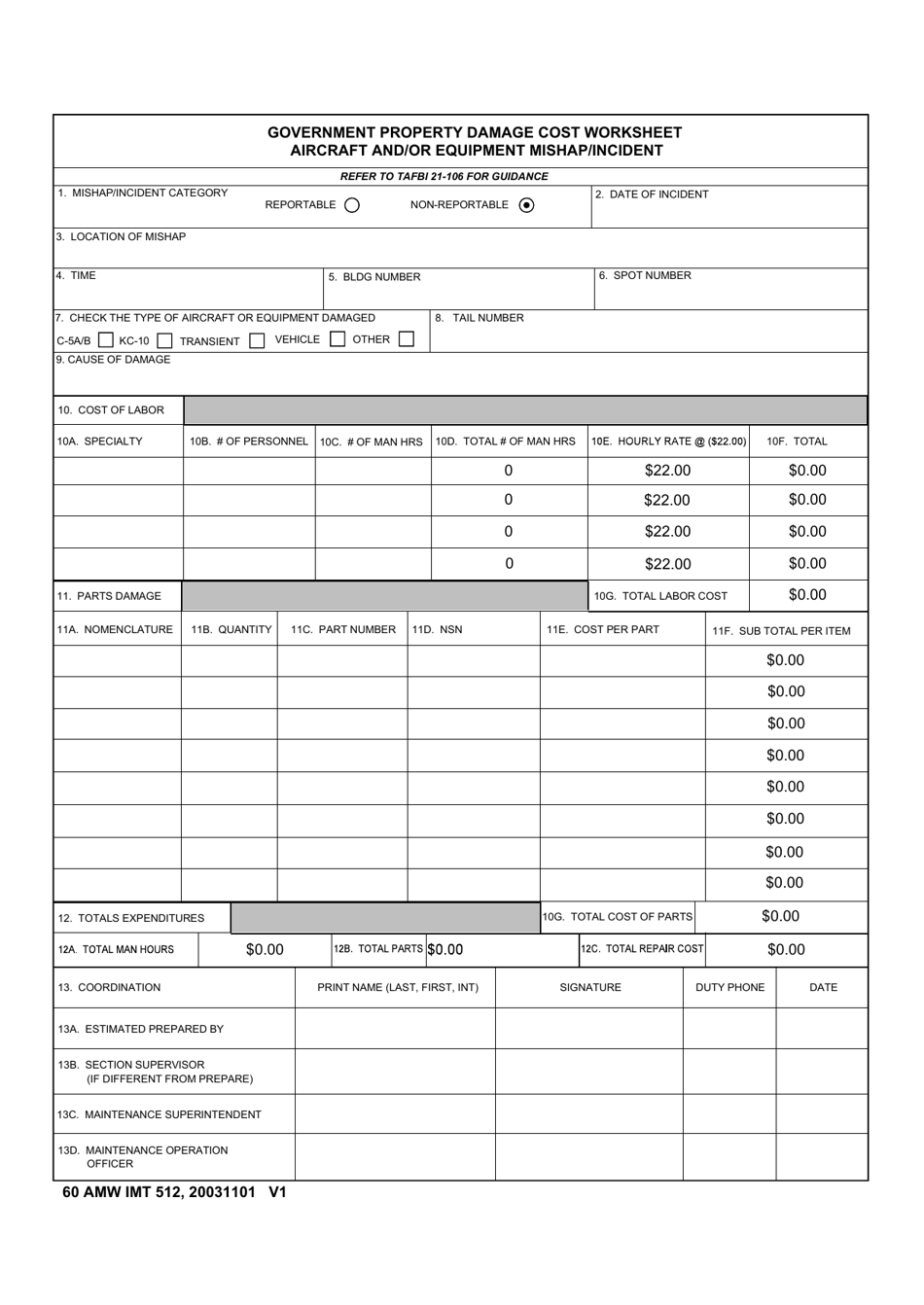 60 AMW IMT Form 512 Government Property Damage / Cost Worksheet Aircraft and / or Equipment Mishap / Incident, Page 1