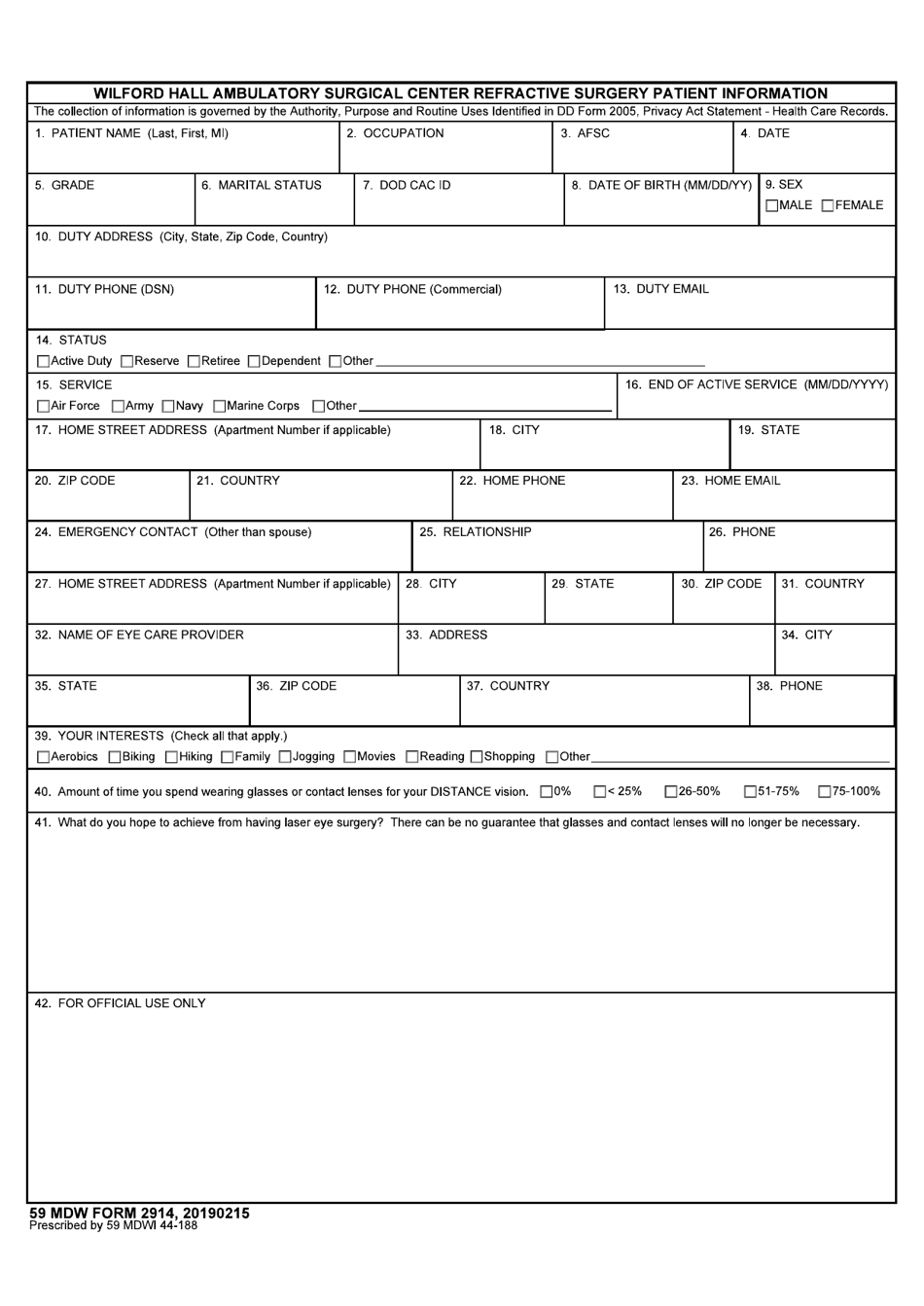 59 MDW Form 2914 Wilford Hall Ambulatory Surgical Center Refractive Surgery Patient Information, Page 1