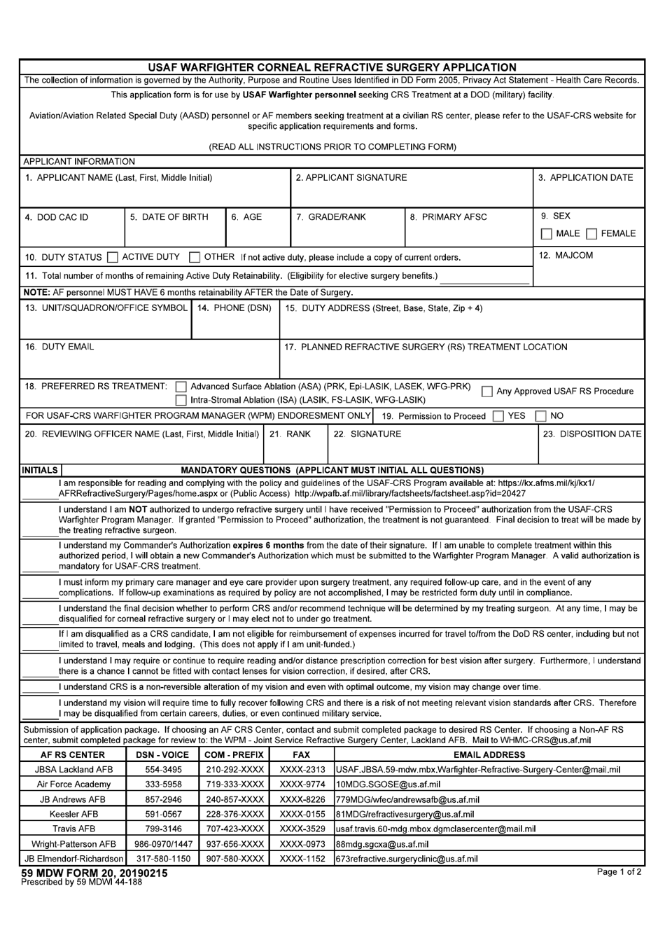 59 MDW Form 20 USAF Warfighter Corneal Refractive Surgery Application, Page 1