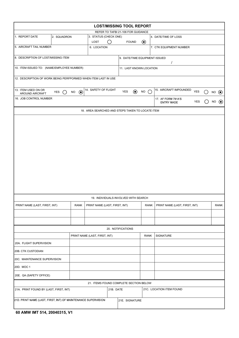 60 AMW IMT Form 514 Lost / Missing Tool Report, Page 1