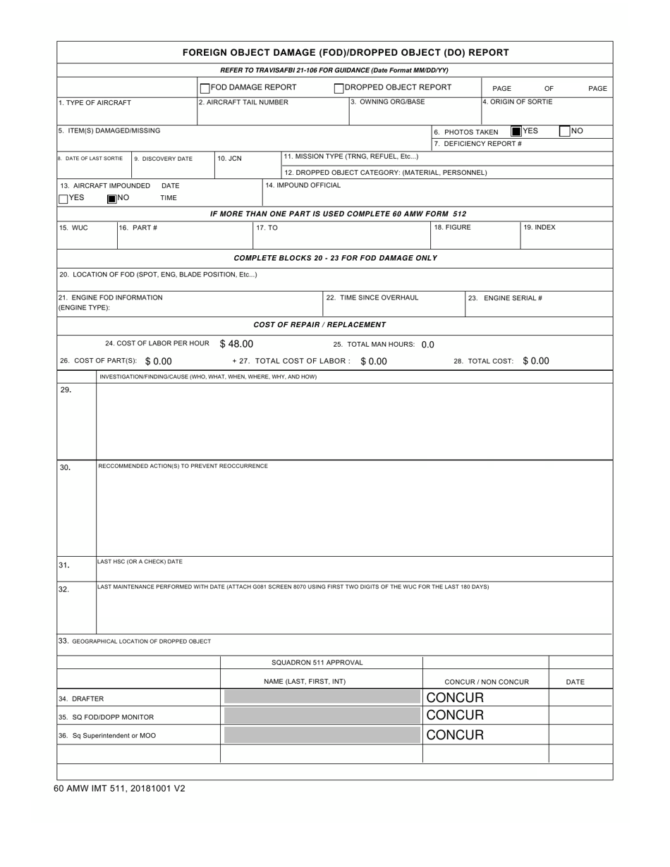 60 AMW IMT Form 511 Foreign Object Damage (Fod) / Dropped Object (Do) Report, Page 1