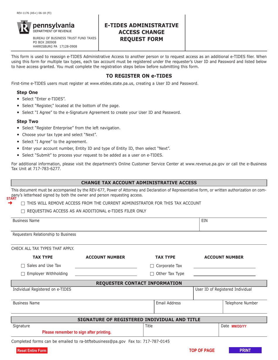 Form REV-1176 E-Tides Administrative Access Change Request Form - Pennsylvania, Page 1