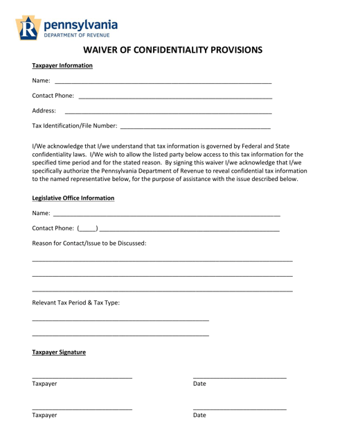 Pennsylvania Waiver Of Confidentiality Provisions Download Fillable PDF 