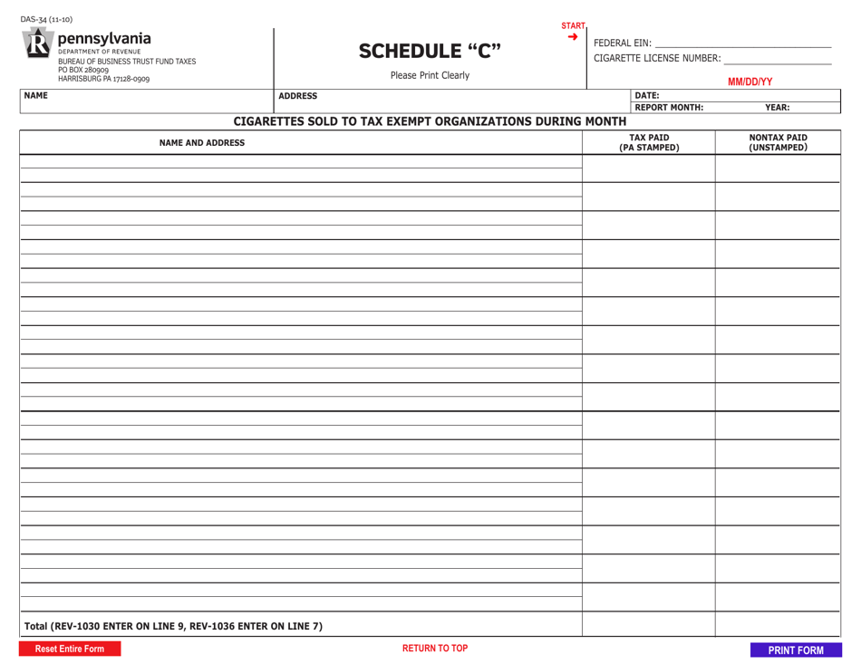 Form DAS-34 Schedule C Cigarettes Sold to Tax Exempt Organizations During Month - Pennsylvania, Page 1