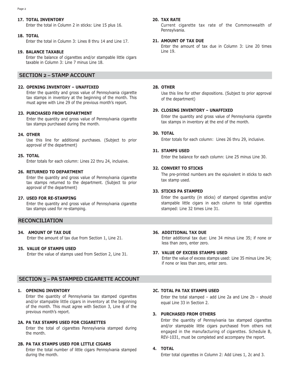 Instructions for Form REV-1030 Resident Stamp Affixing Agency Monthly Report of Cigarettes and Cigarette Tax Stamps - Pennsylvania, Page 2