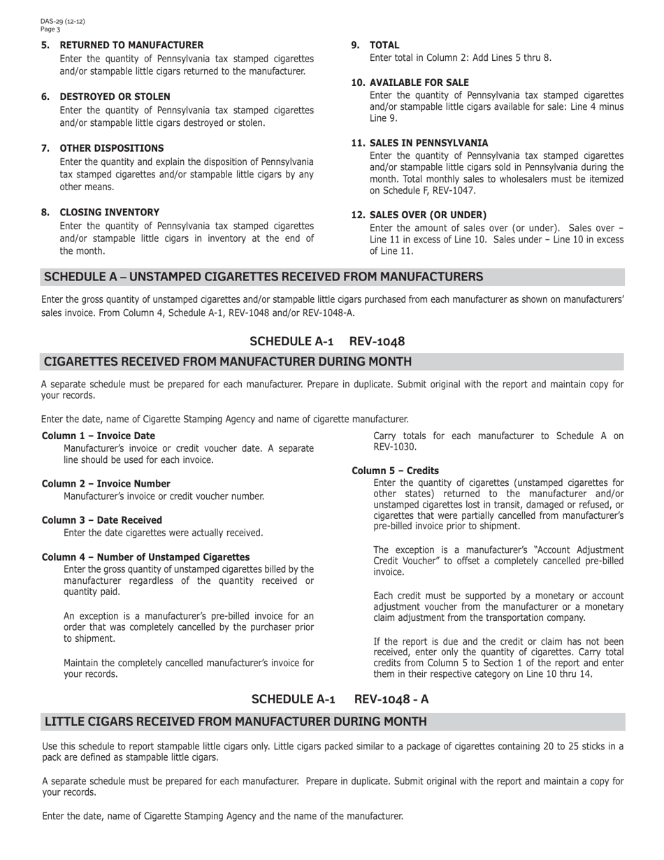 Instructions for Form REV-1030 Resident Stamp Affixing Agency Monthly Report of Cigarettes and Cigarette Tax Stamps - Pennsylvania, Page 3