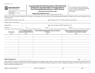 Form DAS-95 &quot;Licensed Cigarette Stamping Agent (Csa) Reporting Schedule for Cigarette Sales in Pennsylvania of Non-participating Manufacturer (Npm) Brands&quot; - Pennsylvania