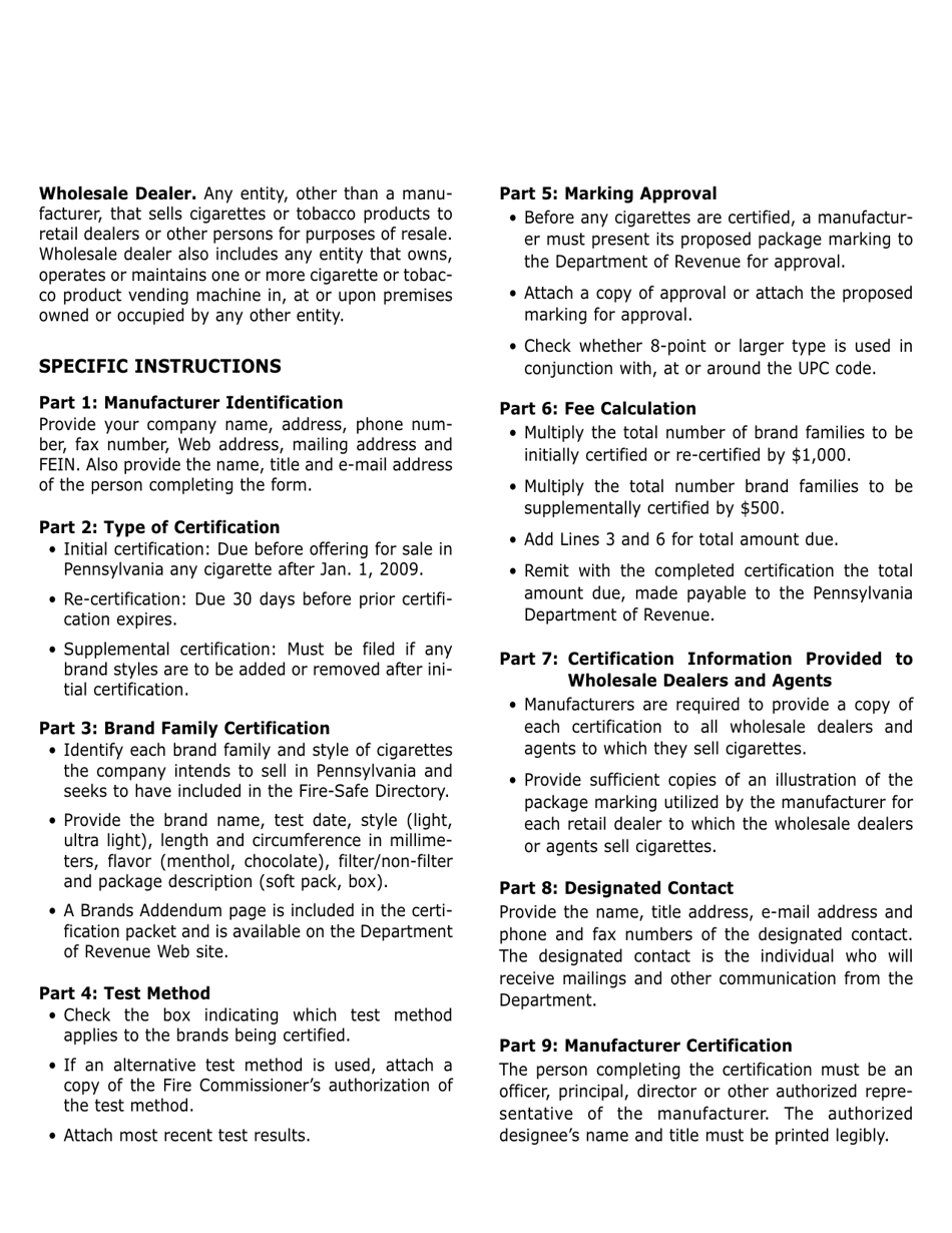 Instructions for Form DAS-115 Application for Fire-Safe Certification of Cigarette Manufacturer - Pennsylvania, Page 2