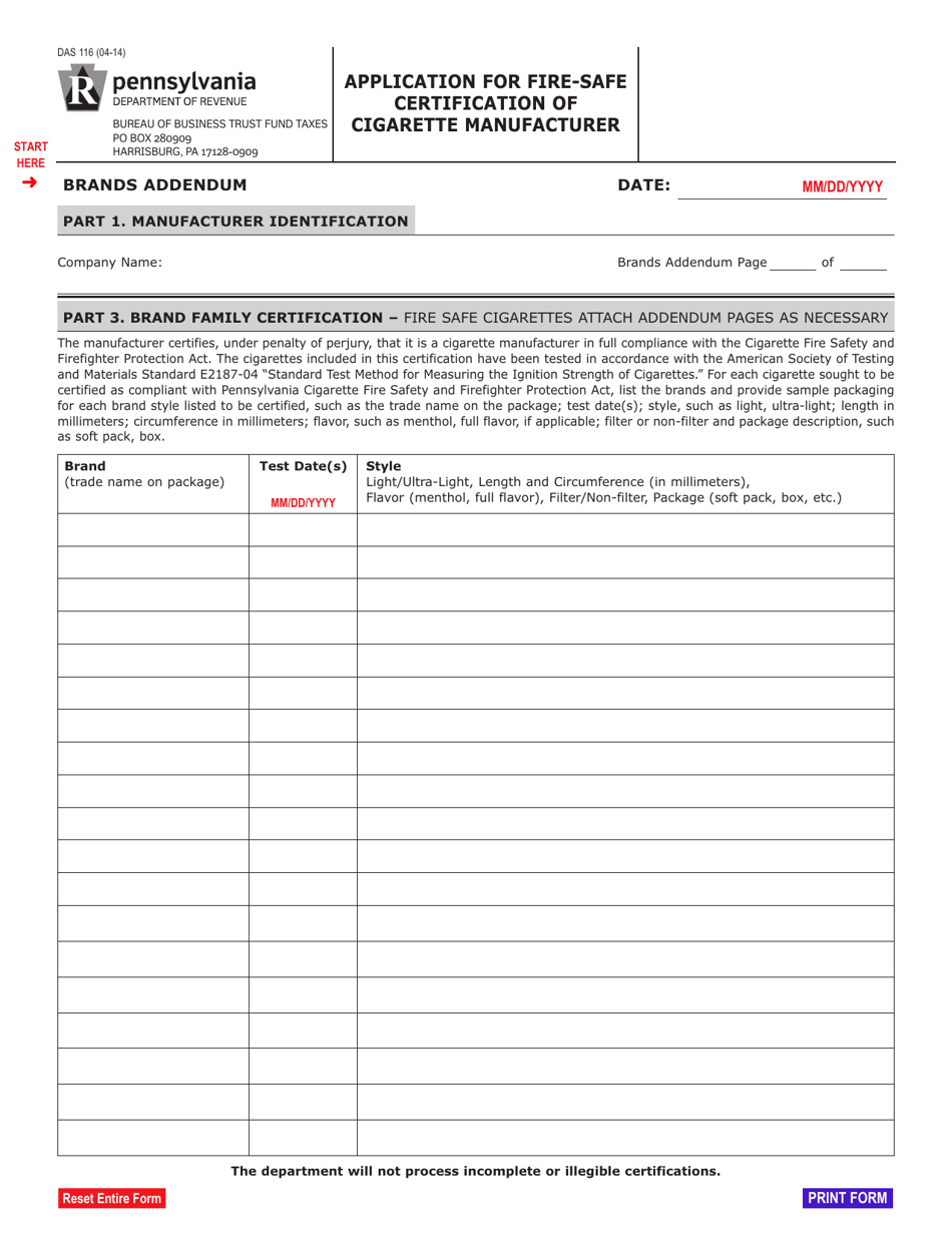 Form DAS-116 Application for Fire-Safe Certification of Cigarette Manufacturer - Brands Addendum - Pennsylvania, Page 1