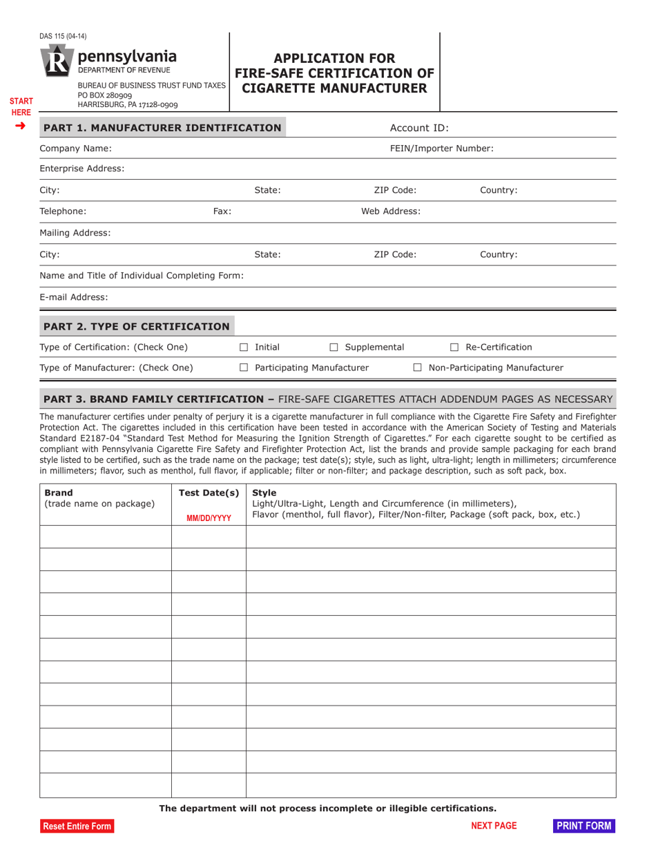 Form DAS115 Application for Fire-Safe Certification of Cigarette Manufacturer - Pennsylvania, Page 1