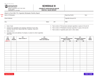 Form REV-777 Schedule B Cigarette Wholesaler Dealer Monthly Sales Report - Pennsylvania