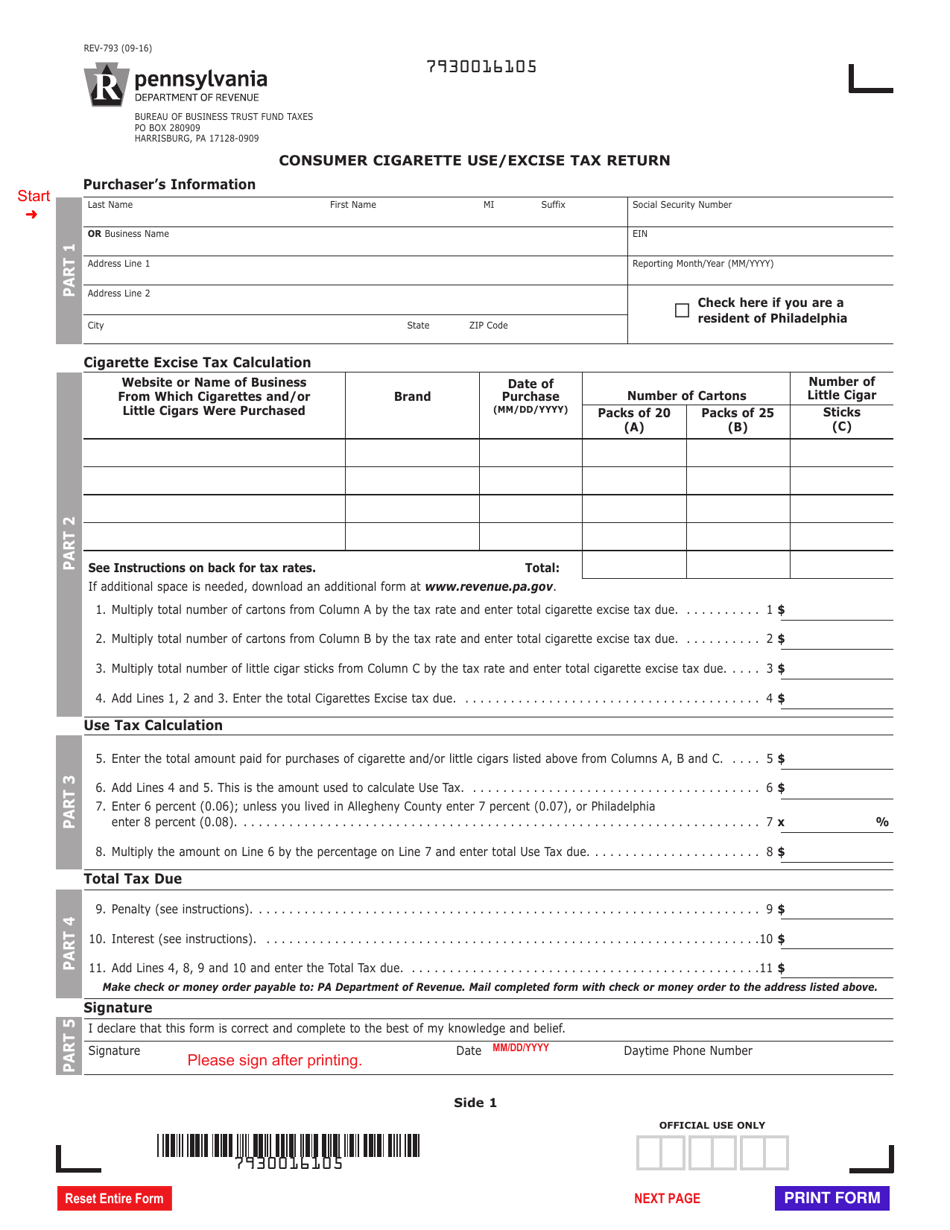 Form REV-793 Consumer Cigarette Use / Excise Tax Return - Pennsylvania, Page 1