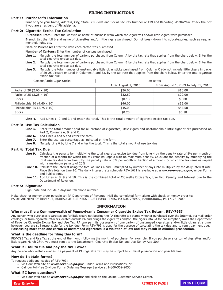 Form REV-793 Consumer Cigarette Use / Excise Tax Return - Pennsylvania, Page 2