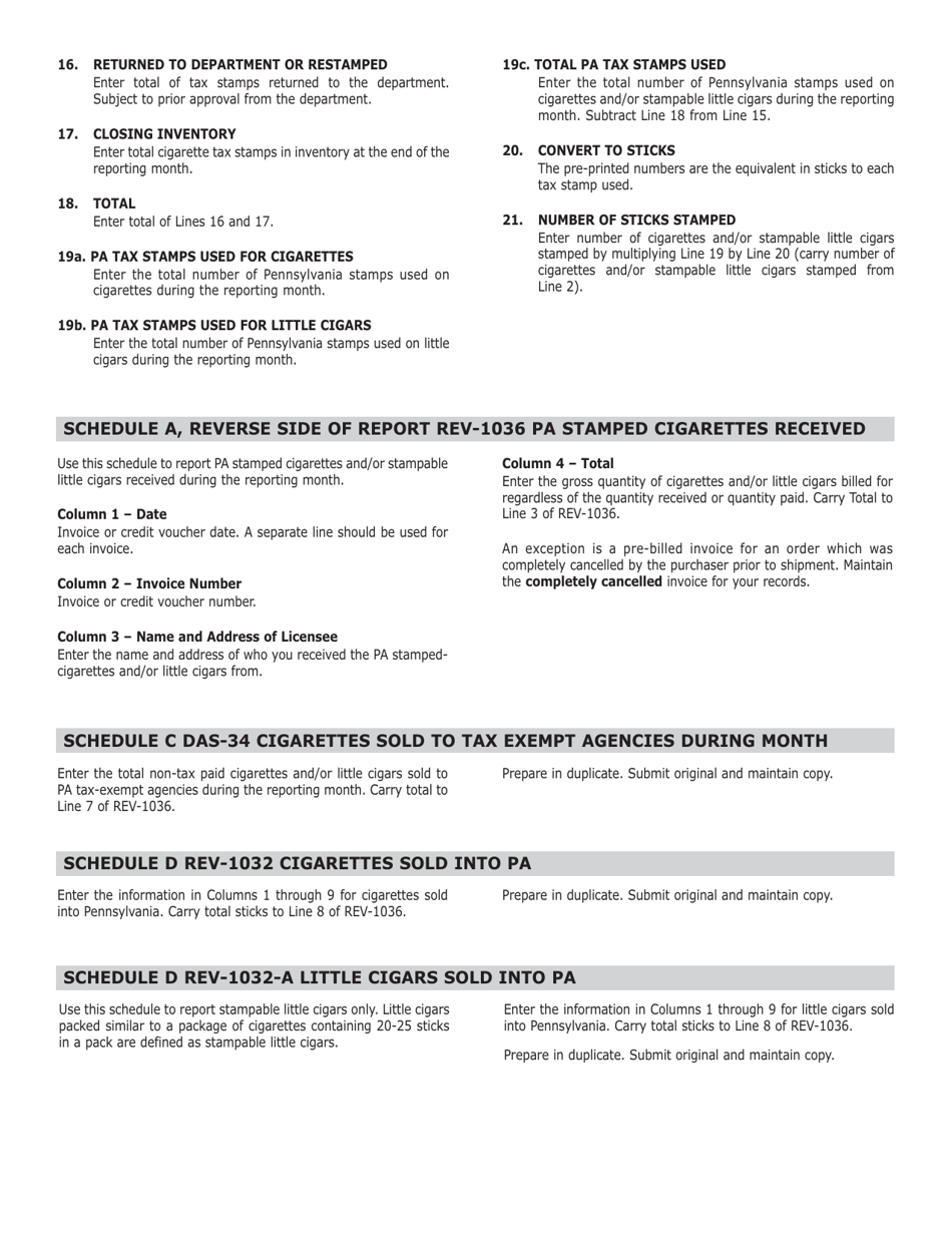 Instructions for Form REV-1036 Nonresident Stamp Affixing Agency Monthly Report of Cigarettes and Cigarette Tax Stamps - Pennsylvania, Page 2