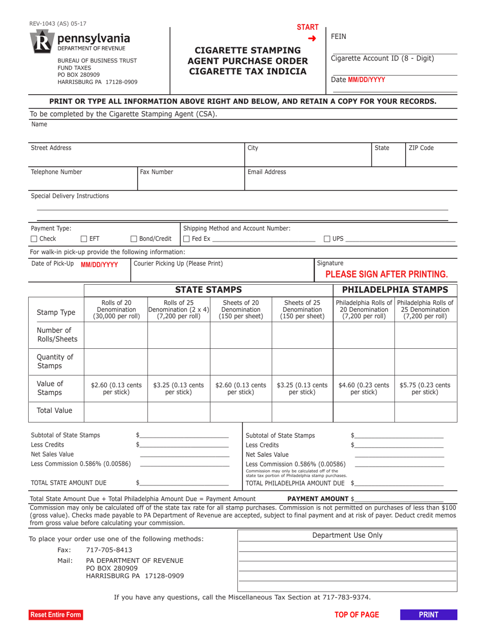 Form REV-1043 Cigarette Stamping Agent Purchase Order Cigarette Tax Indicia - Pennsylvania, Page 1