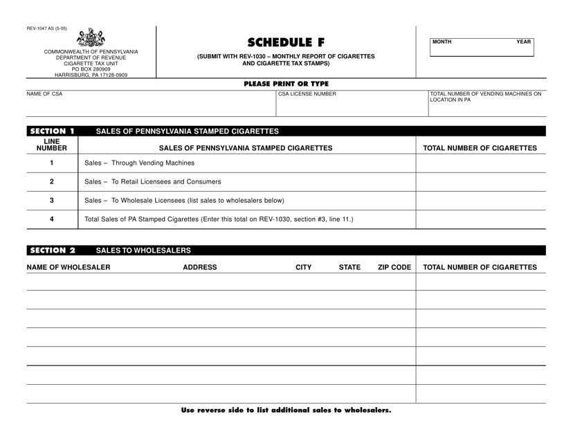 Form REV-1047 Schedule F Monthly Reports of Cigarettes and Cigarette Tax Stamps - Pennsylvania