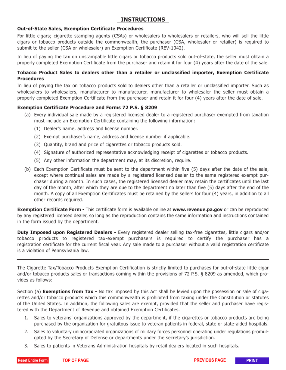 Form REV-1042 Cigarette Tax / Tobacco Products Exemption Certificate - Pennsylvania, Page 2