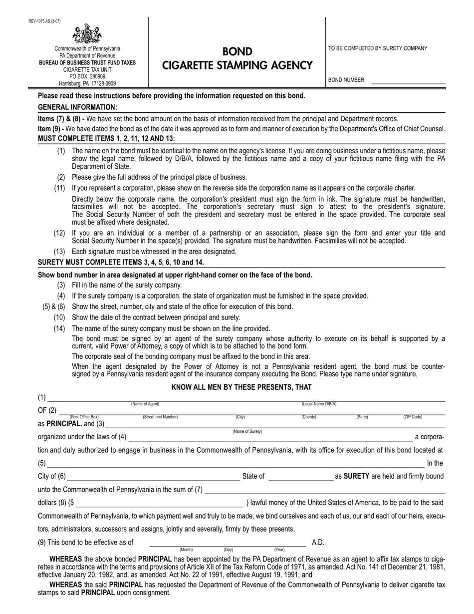 Form REV-1075 Bond Cigarette Stamping Agency - Pennsylvania, Page 1