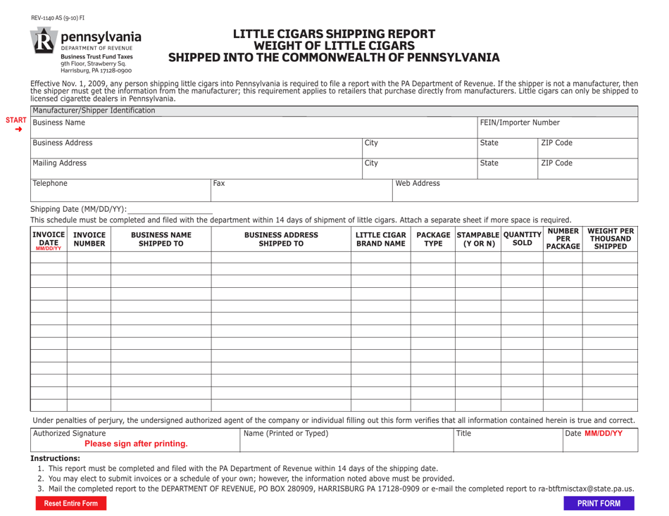 Form REV-1140 Little Cigars Shipping Report - Weight of Little Cigars Shipped Into the Commonwealth of Pennsylvania - Pennsylvania, Page 1