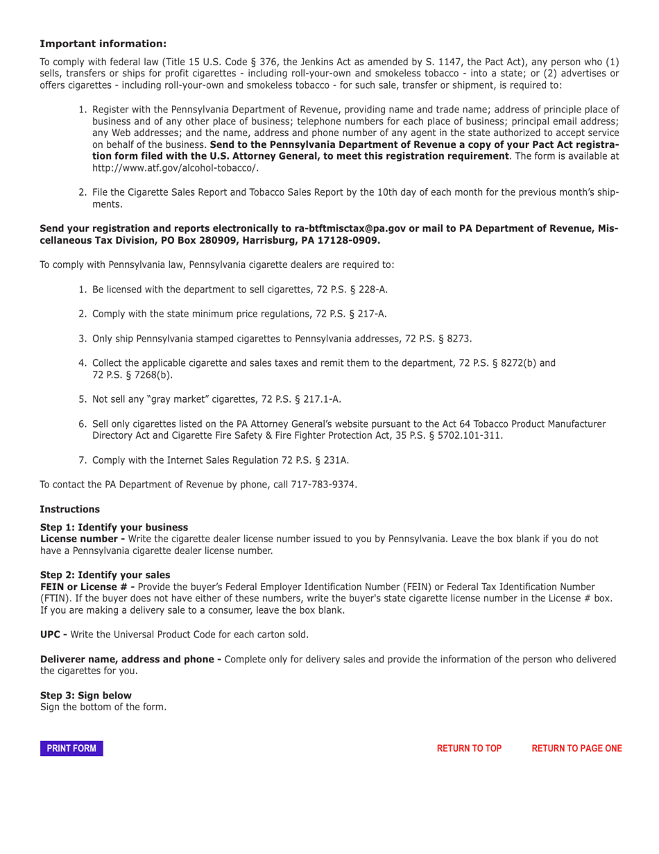 Form REV-1163 Monthly Pact Act Report - Cigarette Sales Report - Pennsylvania, Page 2