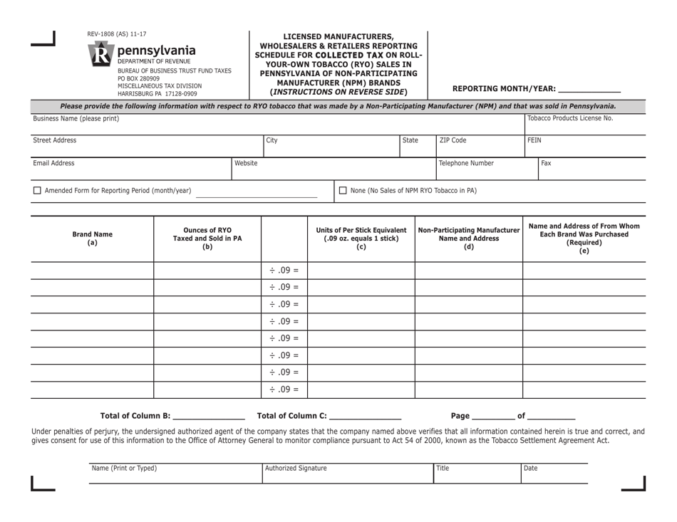 Form REV-1808 Licensed Manufacturers  Retailers Reporting Schedule for Collected Tax on Roll-Your-Own Tobacco (Ryo) Sales in Pennsylvania of Non-participating Manufacturer (Npm) Brands - Pennsylvania, Page 1