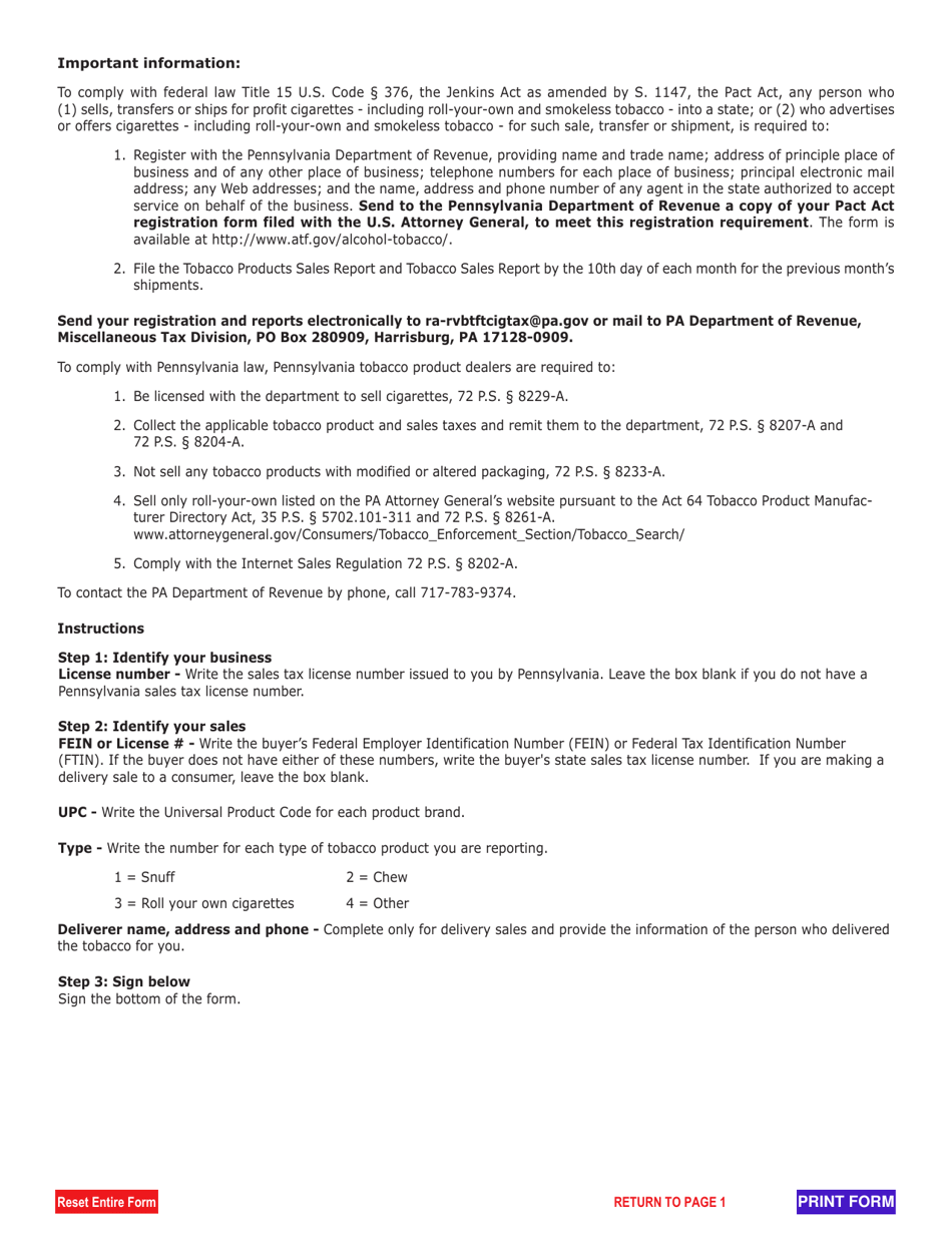 Form REV-1164 Monthly Pact Act Report - Tobacco Sales Report - Pennsylvania, Page 2