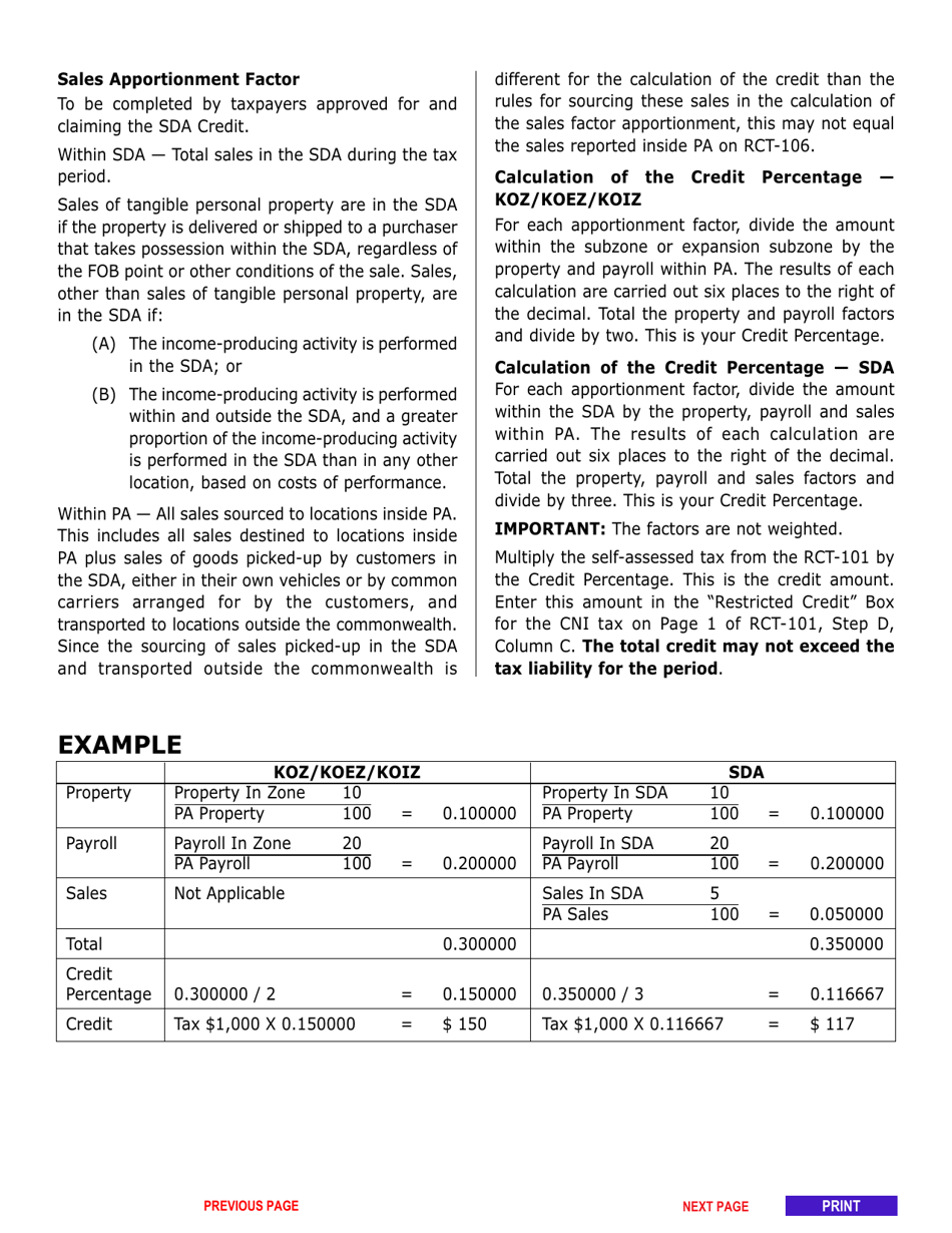Form RCT-101KOZ Keystone Opportunity Zone / Strategic Development Area Form and Instructions - Calculation of Tax Credit for Corporate Net Income Tax - Pennsylvania, Page 3