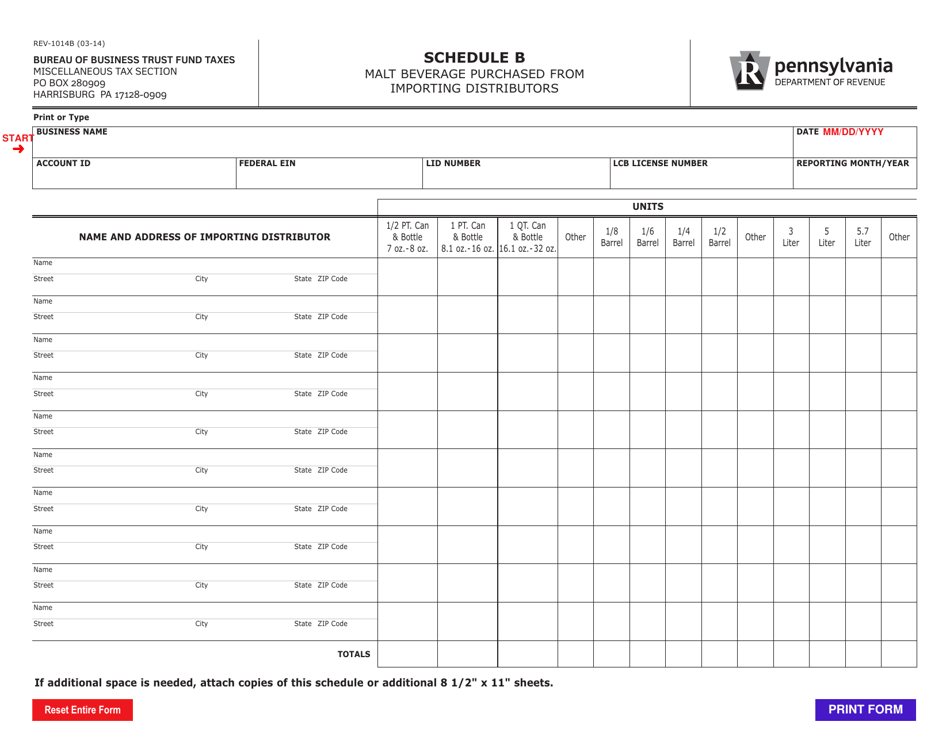 Form REV-1014B Schedule B Malt Beverage Purchased From Importing Distributor - Pennsylvania, Page 1