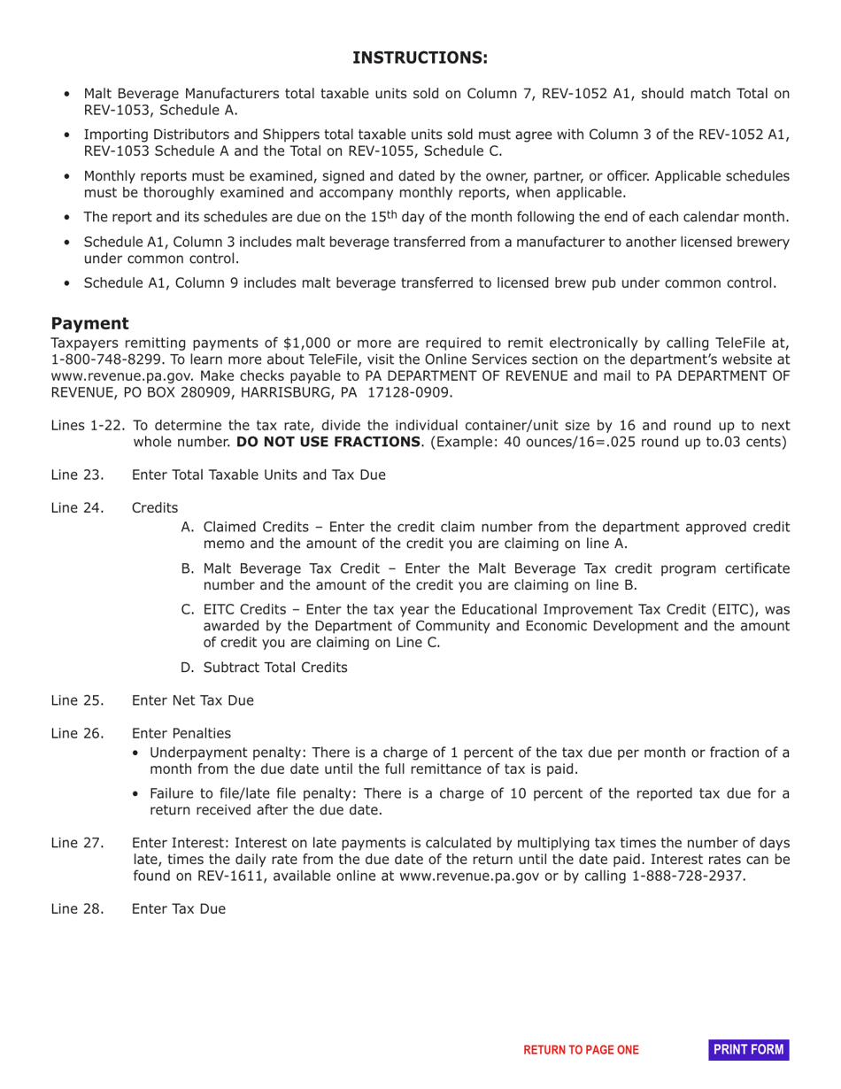 Form REV-1052 Pennsylvania Manufacturer, Bonded Importer, and Shippers Report of Taxable Malt Beverage Sold - Pennsylvania, Page 2