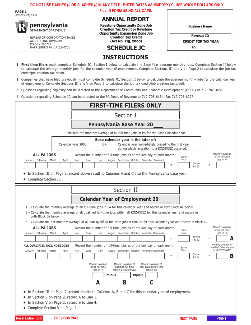 Form REV-765 Schedule JC Annual Report Keystone Opportunity Zone Job Creation Tax Credit or Keystone Opportunity Expansion Zone Job Creation Tax Credit - Pennsylvania, Page 5