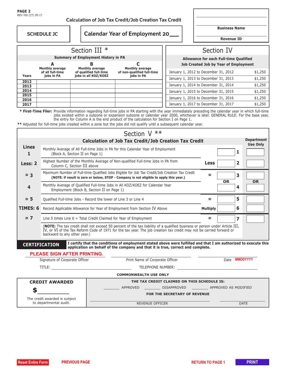 Form REV-765 Schedule JC Annual Report Keystone Opportunity Zone Job Creation Tax Credit or Keystone Opportunity Expansion Zone Job Creation Tax Credit - Pennsylvania, Page 6