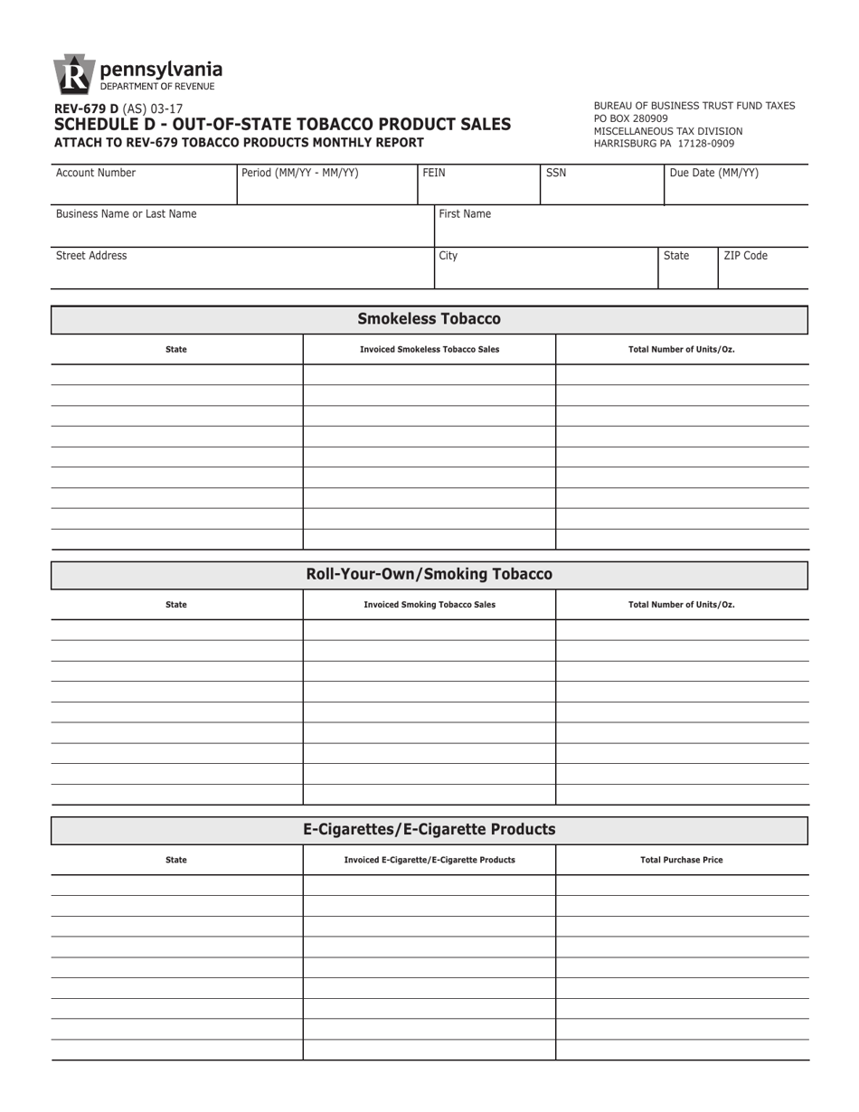 Form REV-679 D Schedule D Out-of-State Tobacco Product Sales - Pennsylvania, Page 1