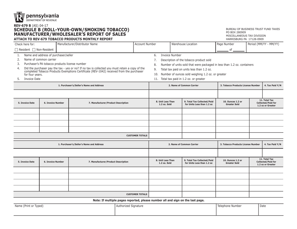 Form REV-679 B Schedule B Roll-Your-Own / Smoking Tobacco - Manufacturer / Wholesalers Report of Sales - Pennsylvania, Page 1