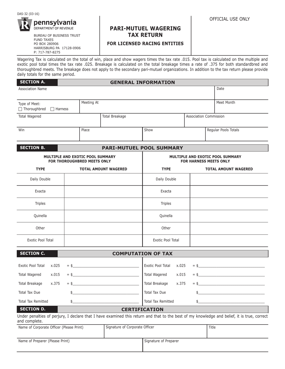 Form DAS-32 Pari-Mutuel Wagering Tax Return for Licensed Racing Entities - Pennsylvania, Page 1