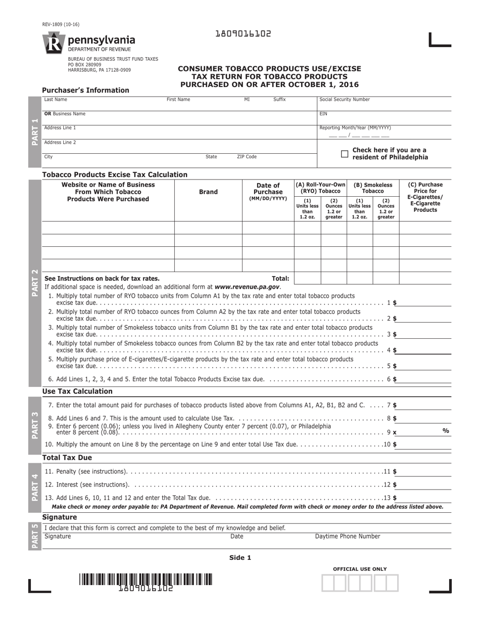 Form REV-1809 Consumer Tobacco Products Use / Excise Tax Return for Tobacco Products Purcased on or After October 1, 2016 - Pennsylvania, Page 1