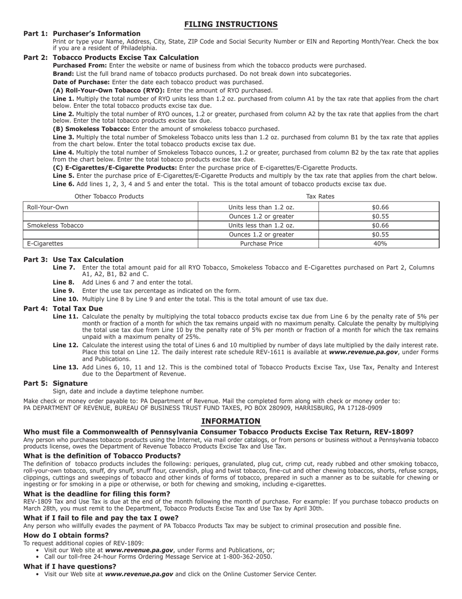 Form REV-1809 Consumer Tobacco Products Use / Excise Tax Return for Tobacco Products Purcased on or After October 1, 2016 - Pennsylvania, Page 2
