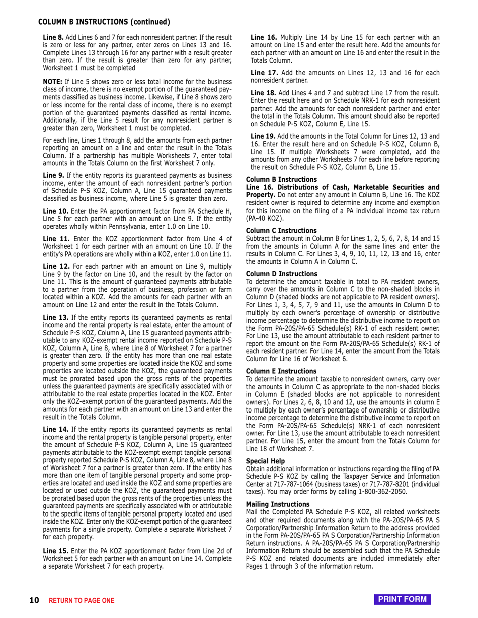 Schedule P-S KOZ Calculation of Pa Keystone Opportunity Zone (Koz) and Strategic Development Area (Sda) - Exempt Income for Partners and Shareholders - Pennsylvania, Page 10