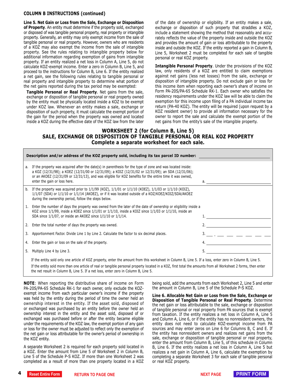 Schedule P-S KOZ Calculation of Pa Keystone Opportunity Zone (Koz) and Strategic Development Area (Sda) - Exempt Income for Partners and Shareholders - Pennsylvania, Page 4