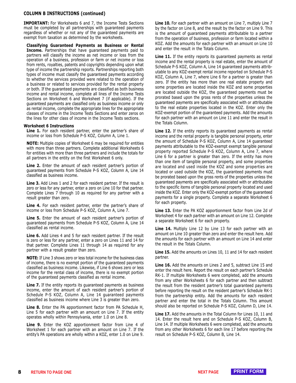 Schedule P-S KOZ Calculation of Pa Keystone Opportunity Zone (Koz) and Strategic Development Area (Sda) - Exempt Income for Partners and Shareholders - Pennsylvania, Page 8