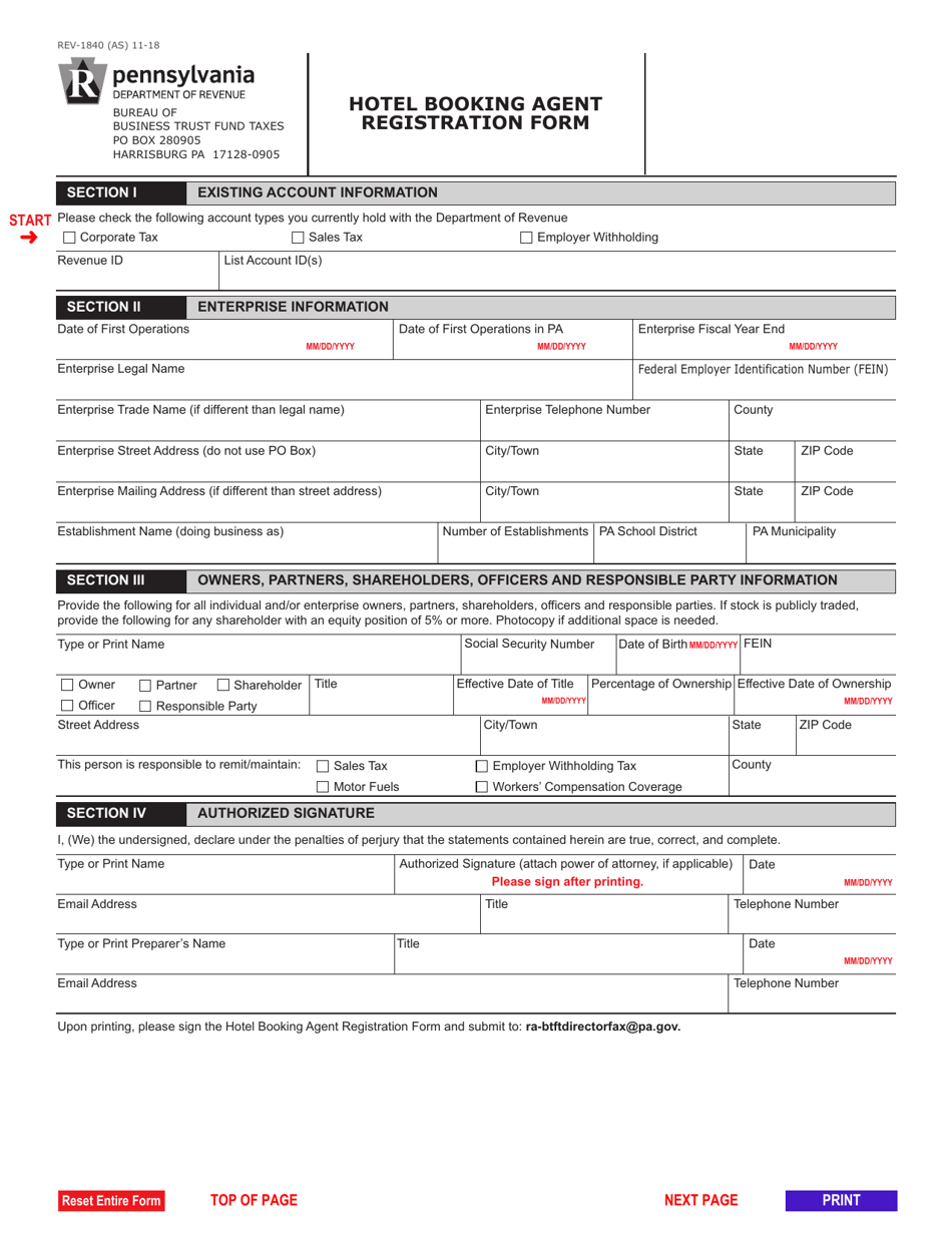 Form REV-1840 Hotel Booking Agent Registration Form - Pennsylvania, Page 1