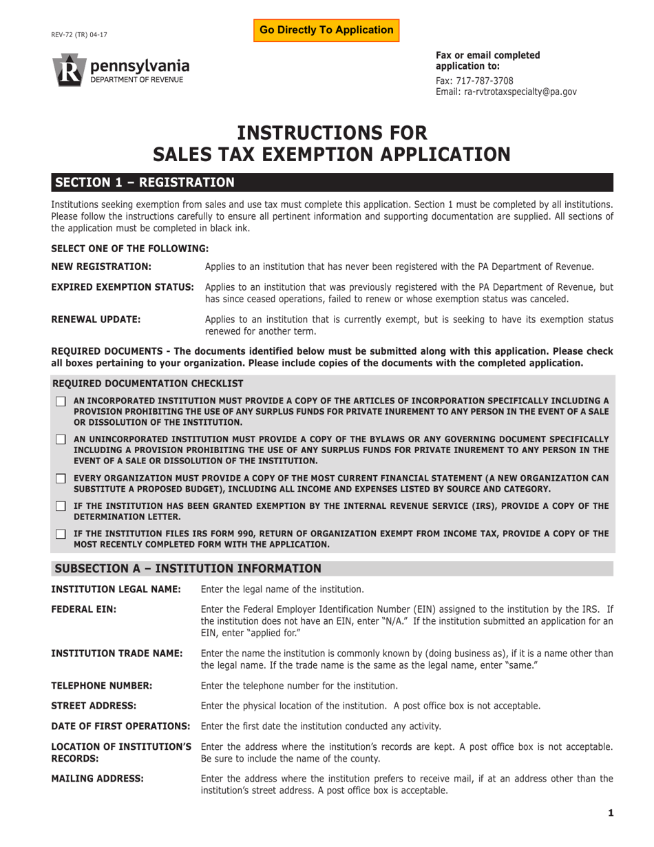 Form REV-72 Application for Sales Tax Exemption - Pennsylvania, Page 1
