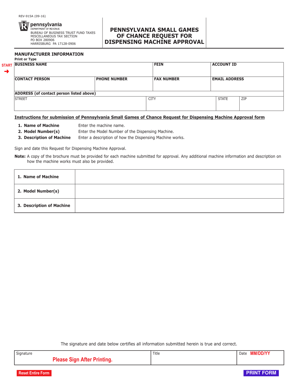 Form REV-915A Pennsylvania Small Games of Chance Request for Dispensing Machine Approval - Pennsylvania, Page 1